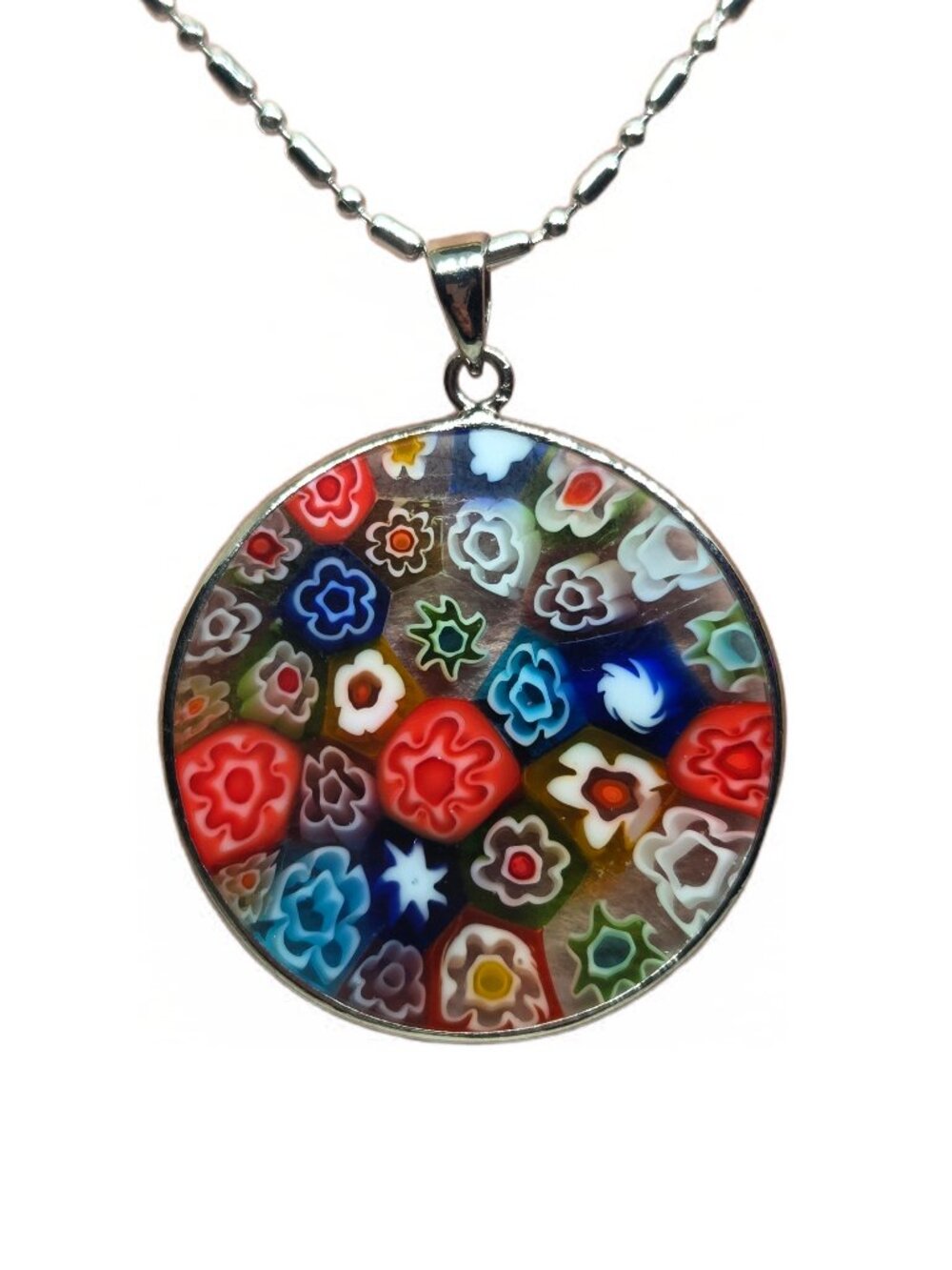 Vintage Millefiori Glass Round Pendant Necklace - Multicolor